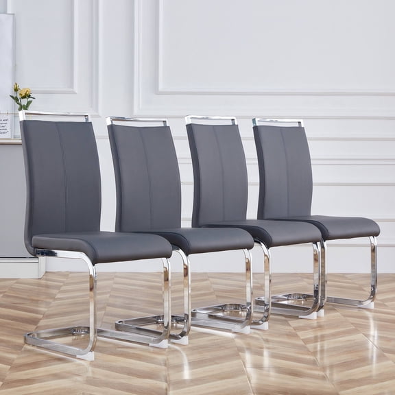 NYEESS Set of 4 Gray Dining Chairs, Faux Leather Padded Seat with High Back and Chrome Legs for Kitchen, Dining Room, Living Room