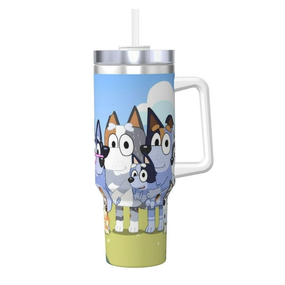 Silaia Bluey Print 40OZ Ice Bully With Handle,40 oz Insulated Tumbler With Lid And Straw,Stainless Steel Tumblers Cup,Portable for Travel, Gym, Home, and Outdoor Activities