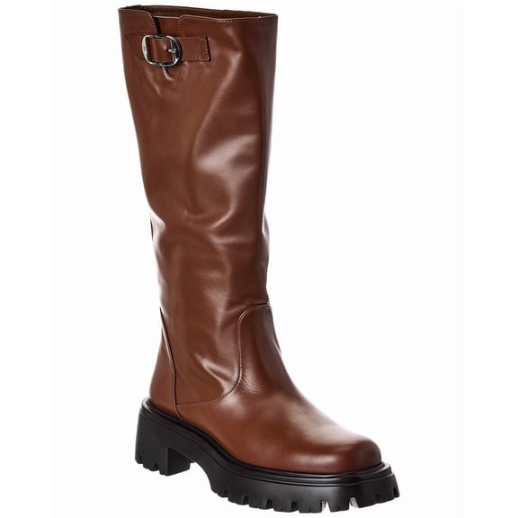 Stuart Weitzman Emerson Buckle Leather Knee-Boot, 7, Brown