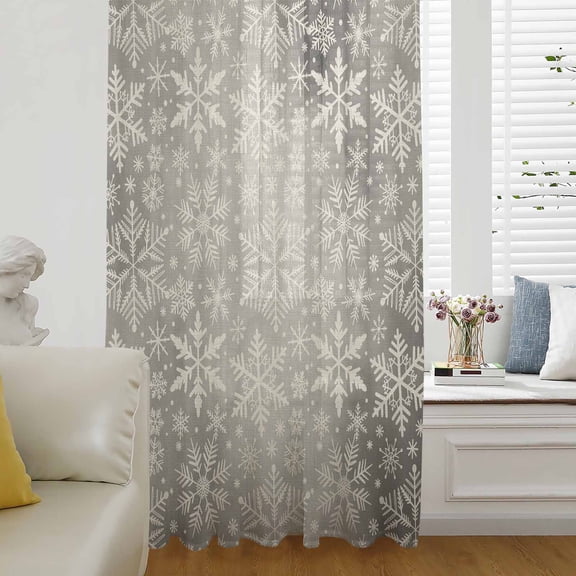 Christmas Snowflakes Semi Sheer Curtains Drapes for Living Room,Bedroom,French Doors Window 108 Inches Long,Grey Winter Snow Vintage Country Rod Pocket Chiffon Curtain Drapery Voile Draperies Panel