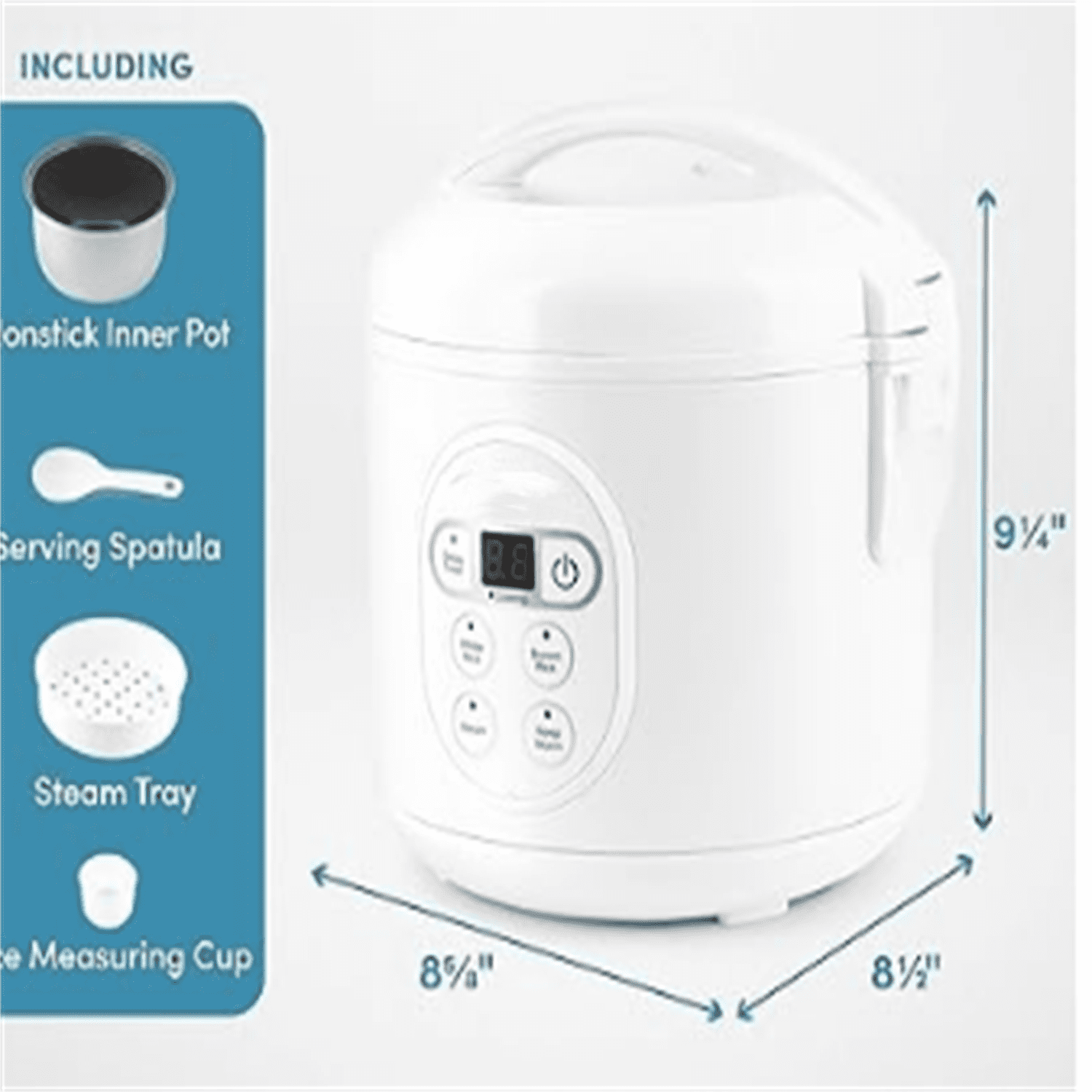 Housewares 8-Cup (Cooked) (4-Cup UNCOOKED) Digital Rice Cooker and Food Steamer White