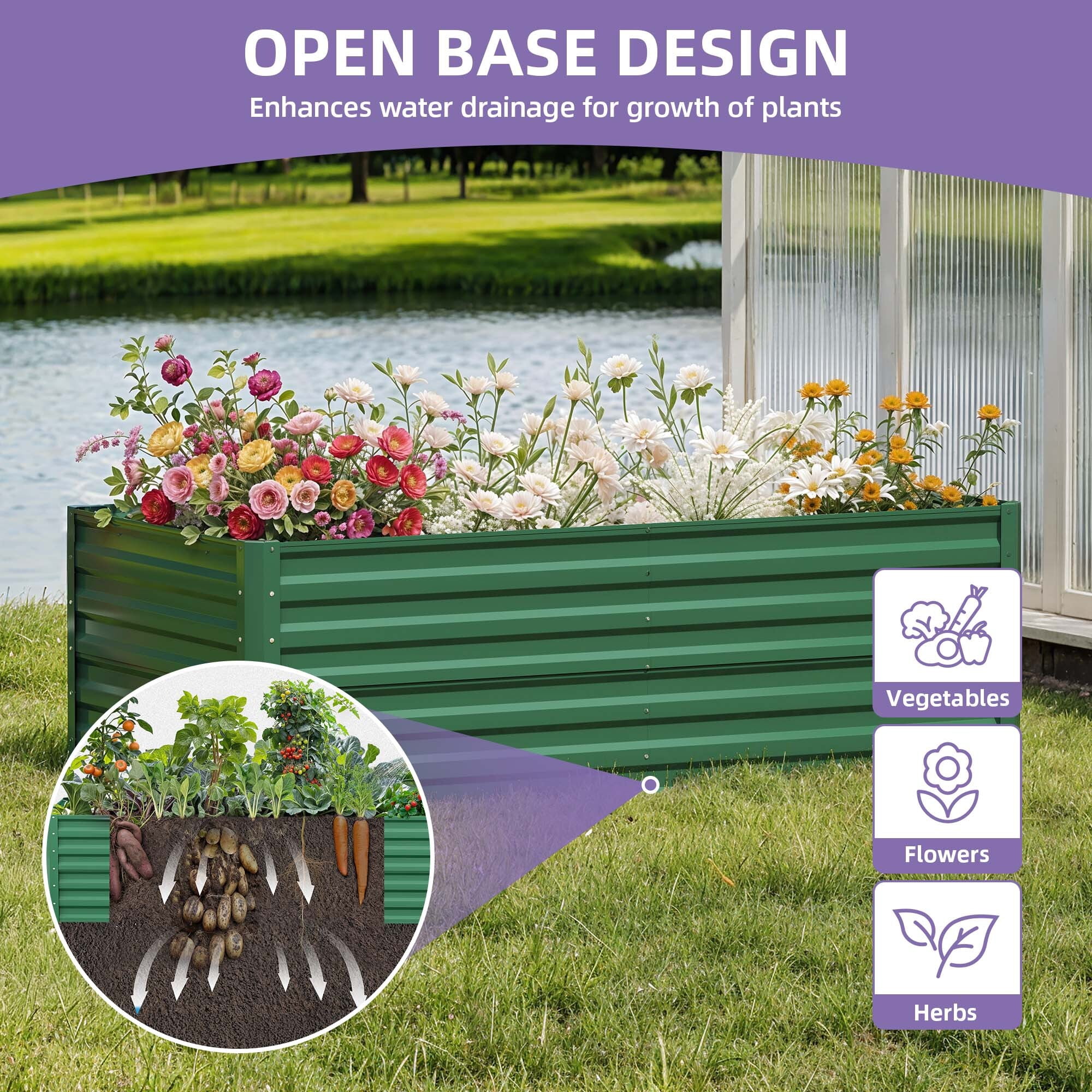Uforic 6X3X2FT 1 Pack Galvanized Metal Raised Garden Bed Kit with Support Rod & Gardening Gloves, Outdoor Above Ground Planter Box for Plants Vegetables Flowers, Green