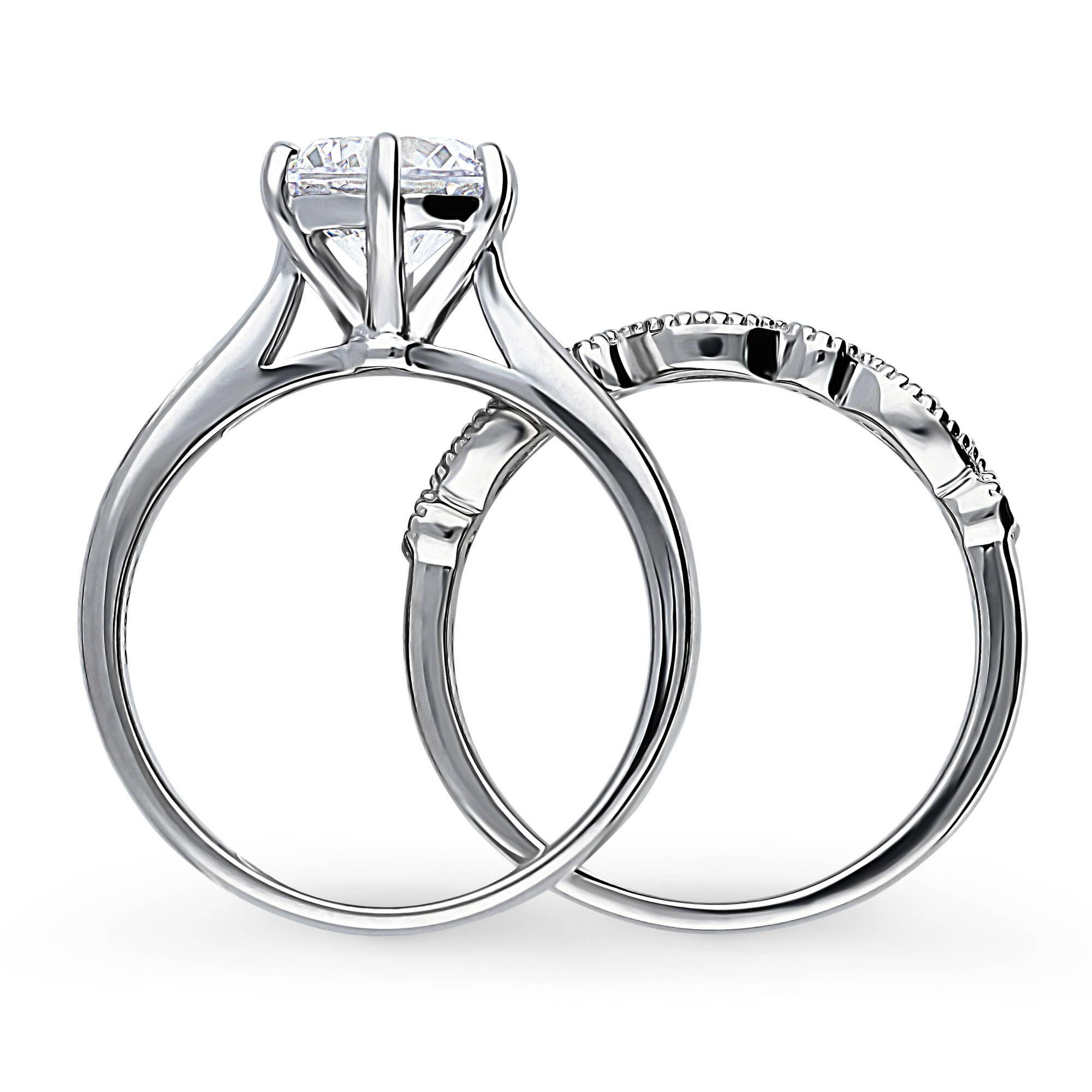 BERRICLE Sterling Silver Milgrain Wedding Engagement Rings 2 Carat Cubic Zirconia CZ Solitaire Ring Set for Women, Rhodium Plated Size 4