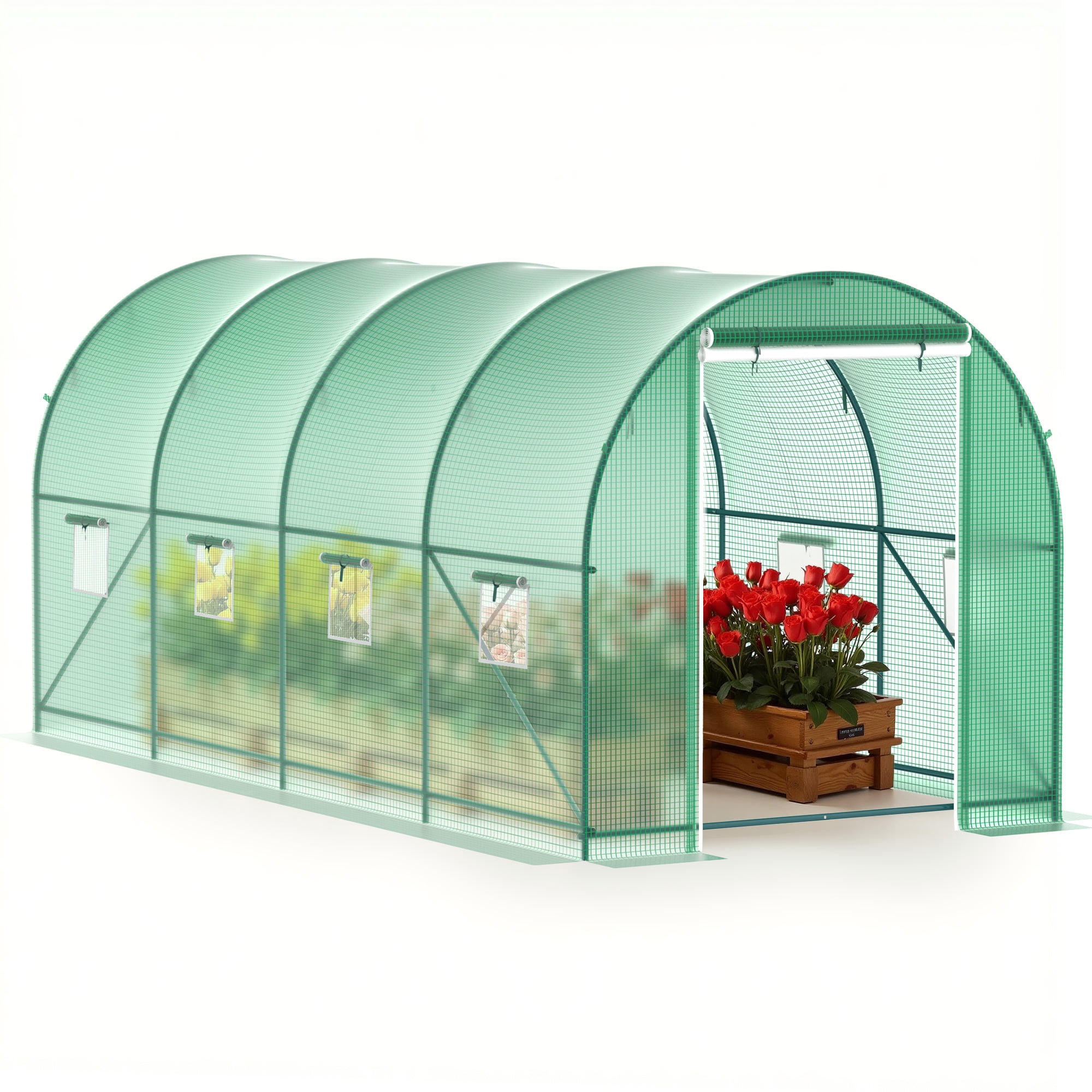 GOJOOASIS Outdoors Heavy Duty 15 x 7 x 7 FT Portable Greenhouse with 8 Ventilated Screen Windows & Rolling Zipper Door