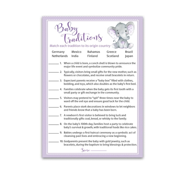 GENDER NEUTRAL Baby Shower Game — BABY TRADITIONS around the World Game — 25 Guests — PURPLE BABY ELEPHANT Fun Baby Facts Trivia Little Peanut Baby Shower Activity Co-ed Couples Shower Games G503-BTW