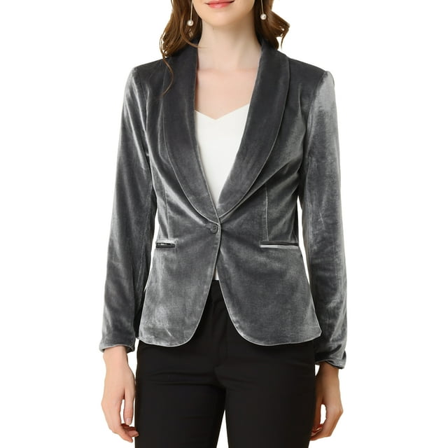 INSPIRE CHIC Women's Velvet Blazer Solid Color Shawl Collar One Button Wear-to-Work Suit Jacket XL Gray