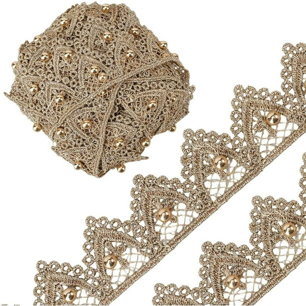 Cinta de encaje floral de 5 yardas con cuentas, borde triangular bordado de 32,5 mm de ancho, ribete de encaje adornado con perlas de plástico doradas