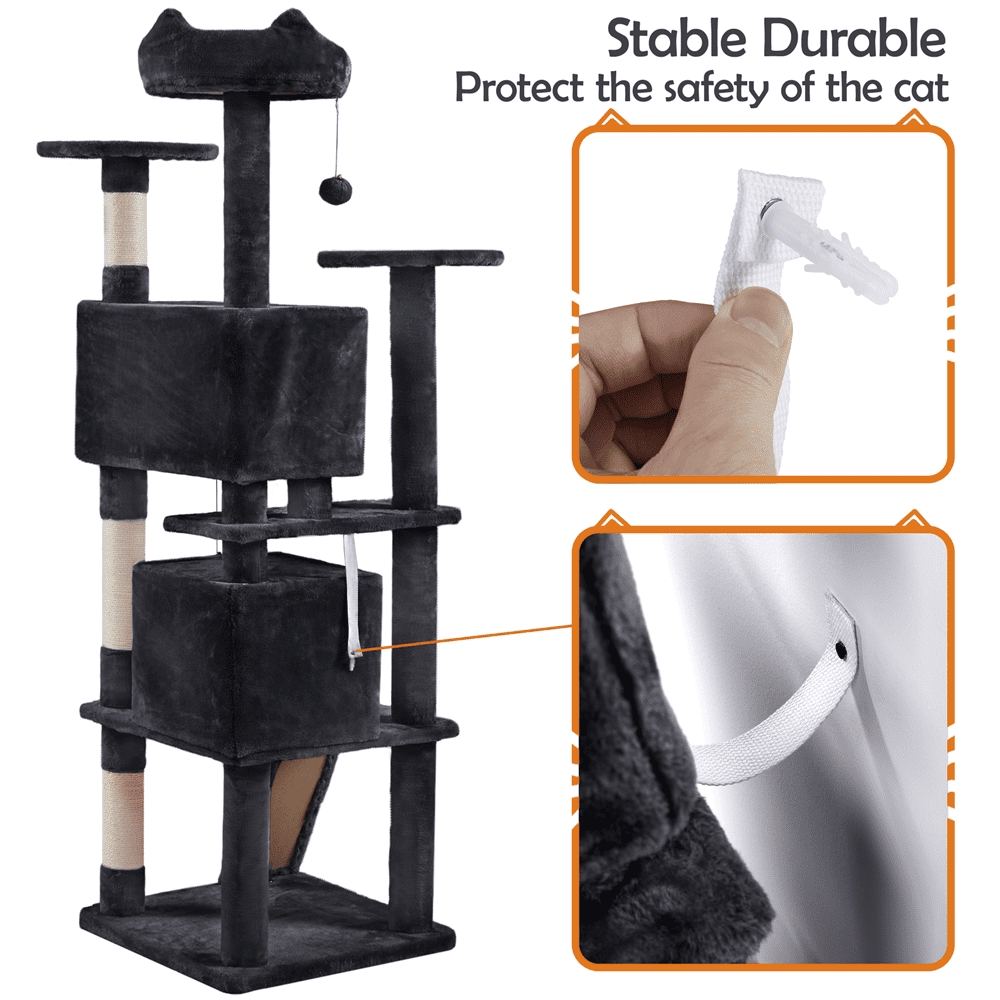 Alden Design 61.5''H Double Condo Cat Tree with Scratching Post Tower, Black