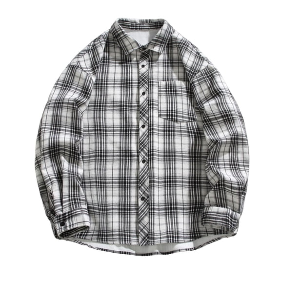 USNSM Men Plus Size Sherpa Lined Flannel Jacket Plaid Button Down Collared Shacket Lightweight Casual Work Shirt with Pocket White XL
