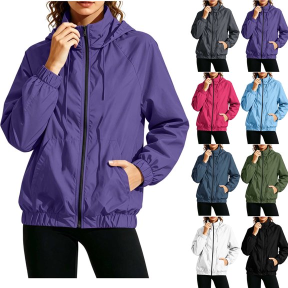 Xaqiouau Womens Solid Color Thin Waterproof Hooded Full Zip Windbreaker Relaxed Fit Raglan Sleeve Elastic Cuff Hem Spring Summer Fall Outdoor Casual Wind Jacket Purple M
