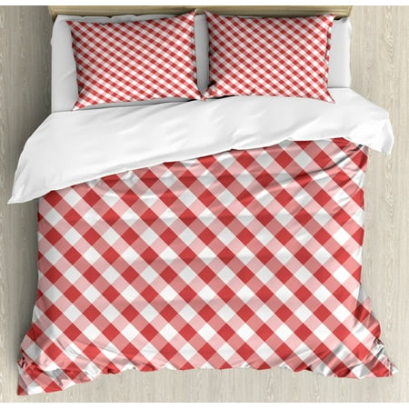 Checkered King Size Duvet Cover Set, Crosswise Stripes with Little Red Squares Retro Style Abstract Pattern, Decorative 3 Piece Bedding Set with 2 Pillow Shams, Red Pale Pink White, by Ambesonne