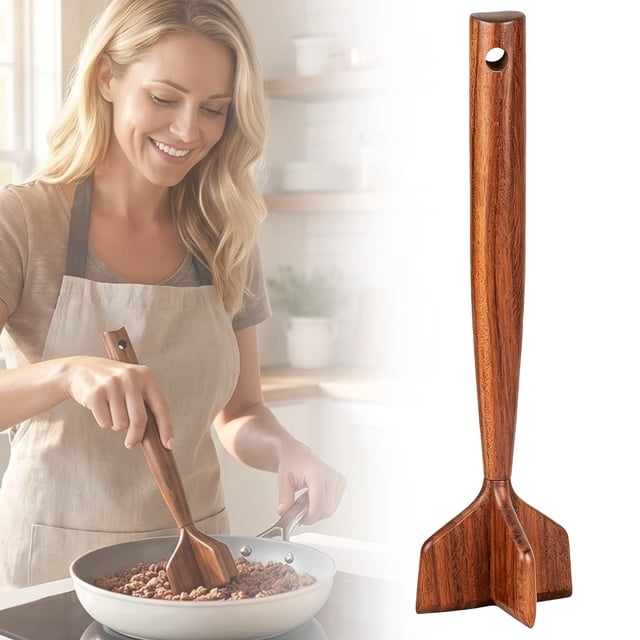 GZJCKJY 1Pcs Teak Wooden Meat Chopper, Meat Chopper for Ground Beef, Heat-Resistant Non-Scratch Wooden Meat Masher for Hamburger, Beef, Turkey, Safe for Nonstick Cookware