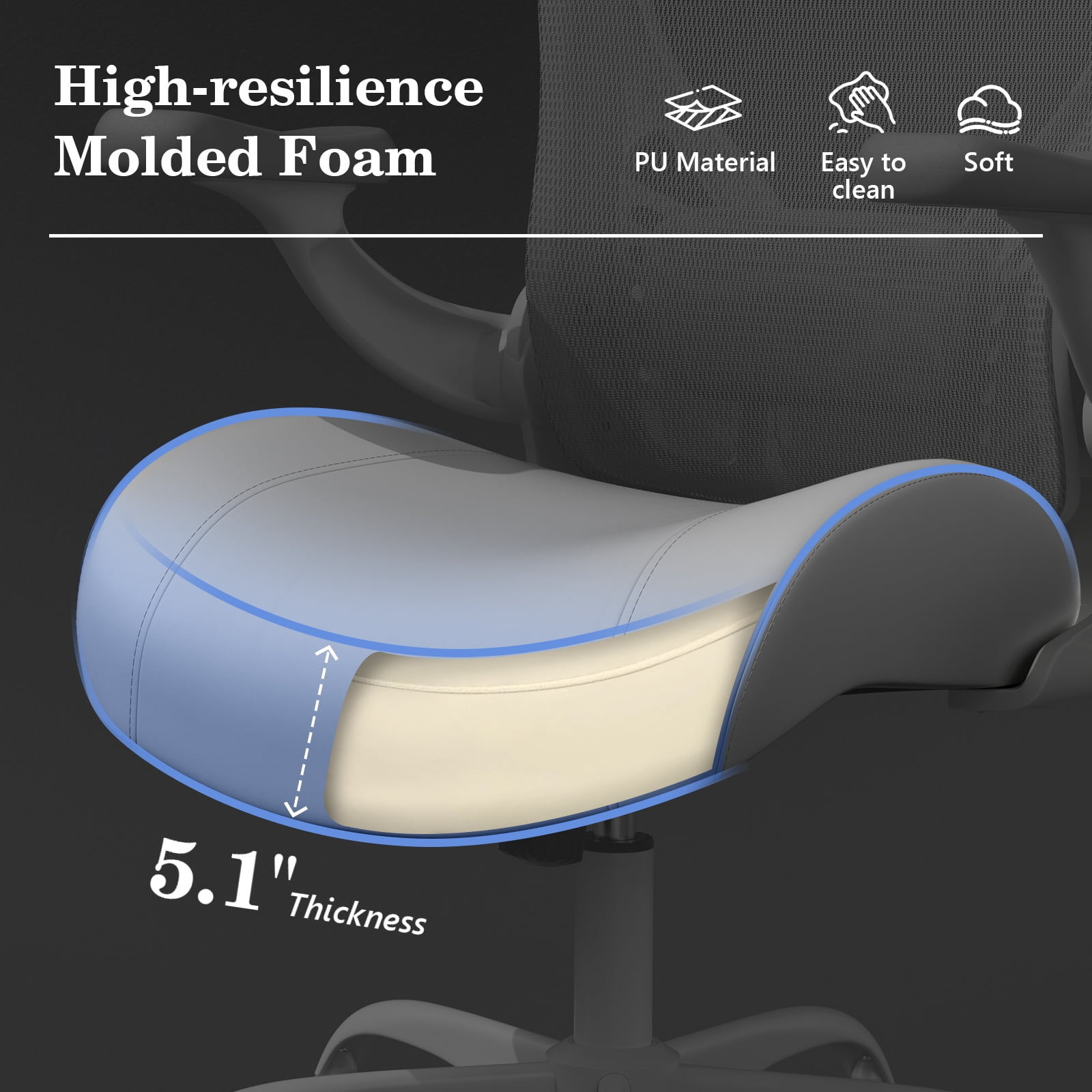 Solfway Computer Desk Chair, Ergonomic Office Desk Chair with Black Mesh Back, Molded Leather Seat, 3D Flip-up Arms, Adjustable Lumbar Support&Height, Wheels for Home&Office