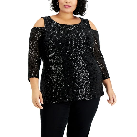 JM Collection Plus Size Sequin Cold Shoulder Top Deep Black 4X