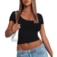 thumbnail image 3 of Camisetas de Corta para Mujer, Informales, Básicas, de Verano, con Cuello Redondo, Corte Entallado, de Punto Acanalado, para Trabajo y Negocios. Negro XL, 3 of 10