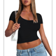 thumbnail image 3 of Camisetas de Corta para Mujer, Informales, Básicas, de Verano, con Cuello Redondo, Corte Entallado, de Punto Acanalado, para Trabajo y Negocios. Negro XL, 3 of 10