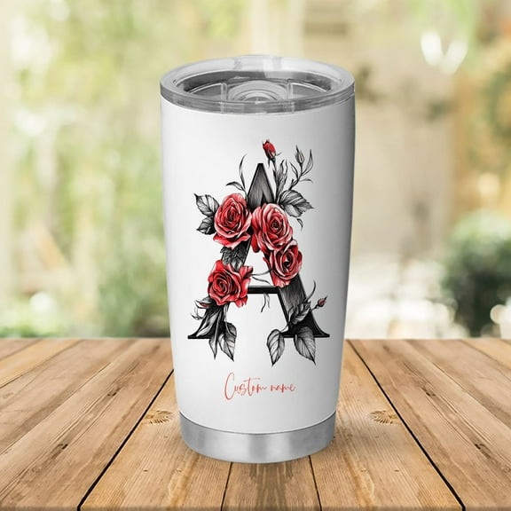 Initial 'A' Floral Personalized Tumbler 20oz, Stainless Insulated Coffee Mug, Custom Travel Drinkware for Birthday, Wedding Party Celebration for Mom, Sisters, Friends