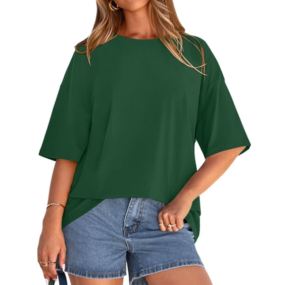 Womens Short Sleeve T Shirts Summer Trendy Tops Casual Solid Crew Neck Loose Fit Basic Tees Dark Green M