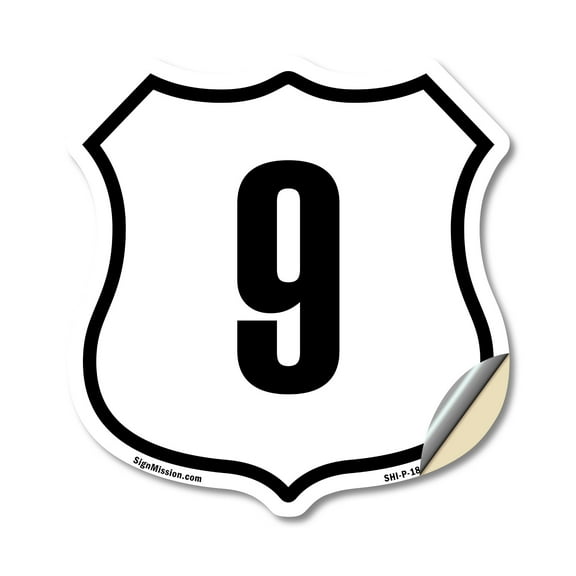 Number 9 12 inch X 12 inch Shield Shaped Heavy Duty 3.2 mil Vinyl Decal Weather Resistant Made in the USA