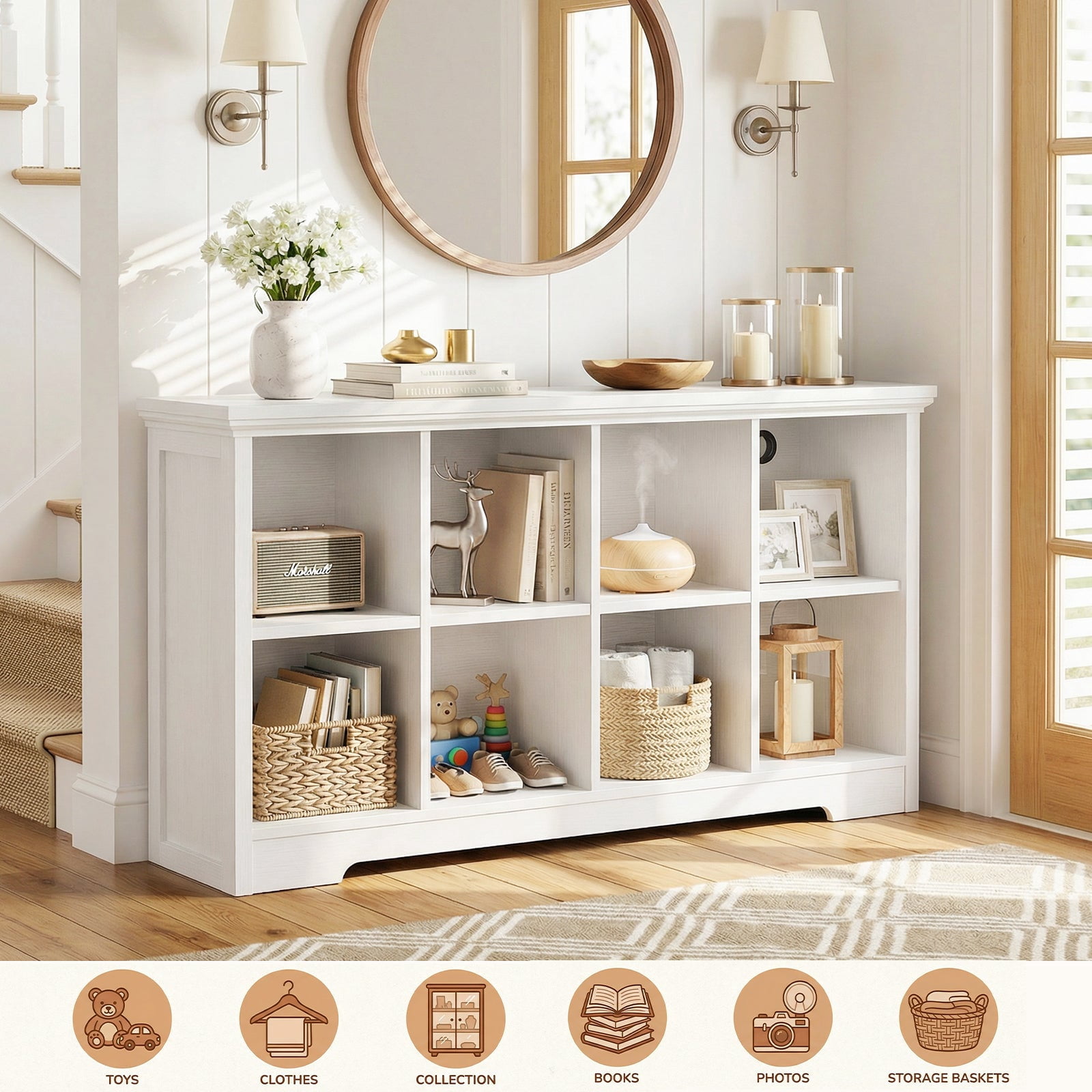 Homieasy 8-Cube Organizer, 50'' Width Cube Bookcase with Power Outlet and 9 Open Storage Shelves for Living Room, Bedroom, White