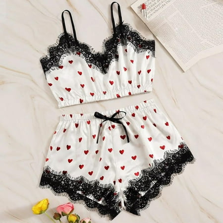 

Ykohkofe Ladies Satin Pajamas Sexy Sweet Printed Camisole + Shorts 2PCS Pajamas