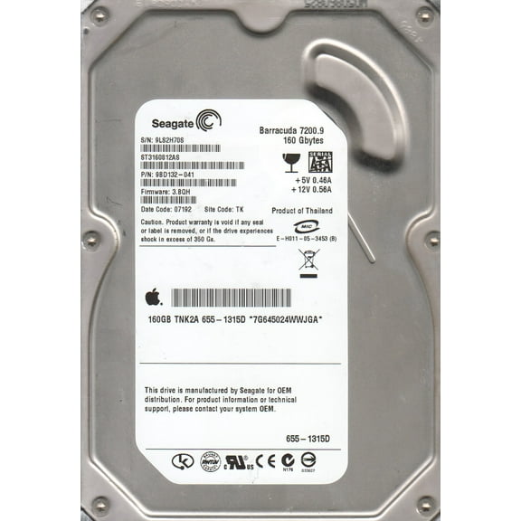 ST3160812AS, 9LS, TK, PN 9BD132-041, FW 3.BQH, Seagate 160GB SATA 3.5 Hard Drive
