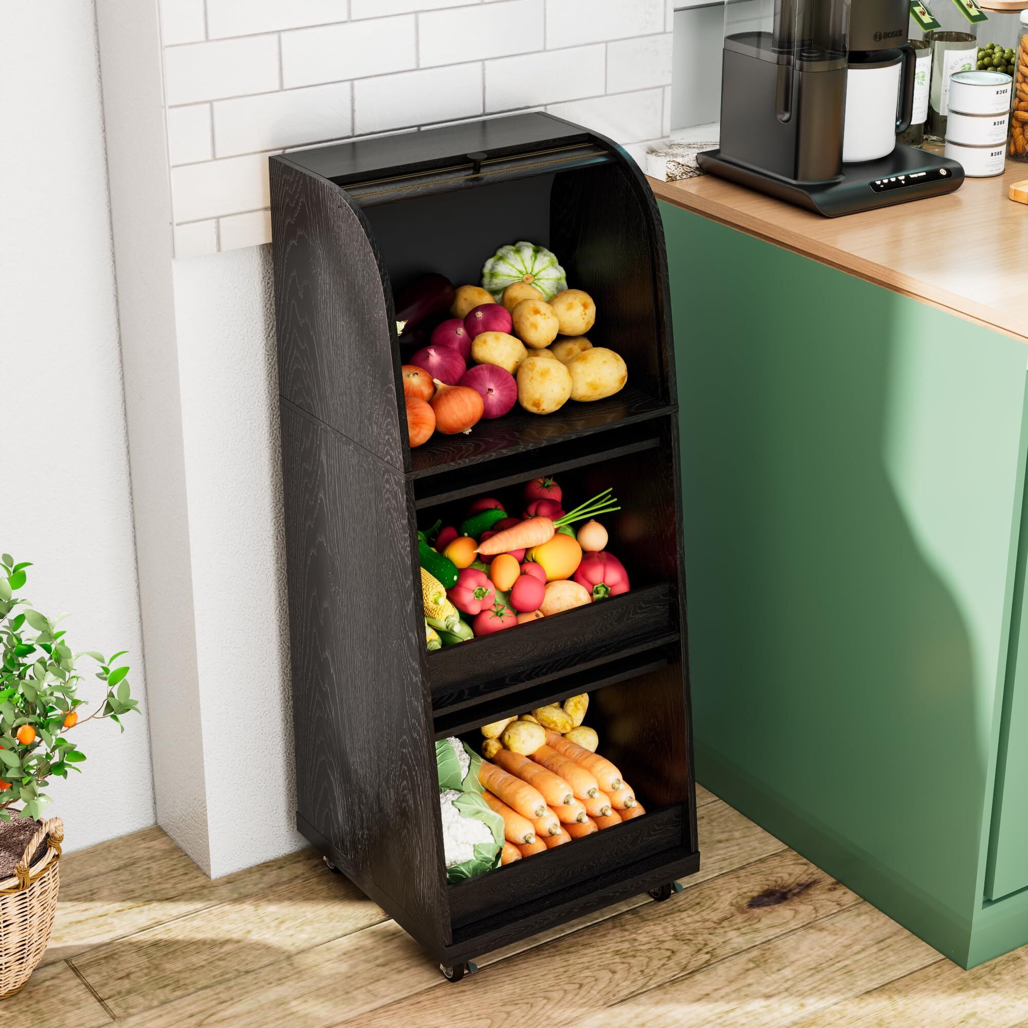 Movable Potato & Onion Storage Bin, Mid Century Modern Wood Pantry Cabinet with Sliding Door, Wheels & Bread Storage, Black
