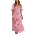 thumbnail image 1 of QIPOPIQ Robes Décontractées pour Femmes Été Col en V Profond Manches Courtes Bouffantes Robe Midi Smockée Taille Haute à Volants Fluide à Étages Ligne A Robe d'Été Liquidation, 1 of 7
