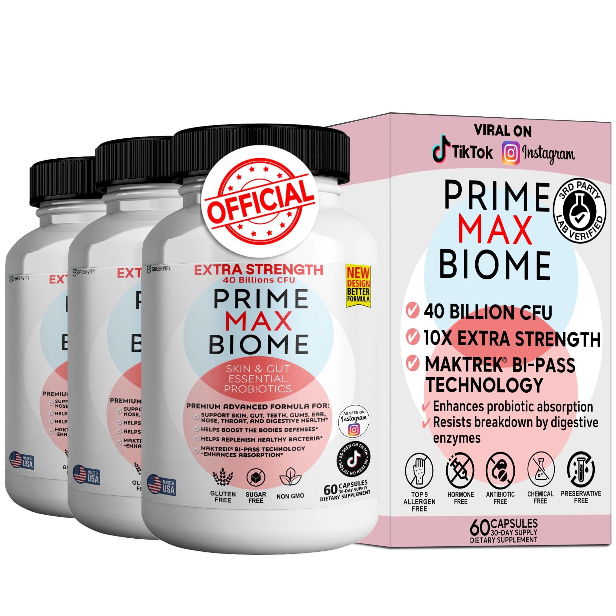 Prime Max Biome Probiotics 40 Billion CFU, 4 Strains + Prebiotics, MAKTrek® Bi-Pass, Gut & Skin Support, 180 Capsules, Non-GMO, Gluten-Free