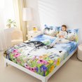 thumbnail image 2 of Manfei Kawaii Cat Fitted Sheet Queen, InkSpring Floral Bedding, White Blue, 3-Piece, 1 Fitted Sheet and 2 Pillowcases, 2 of 6