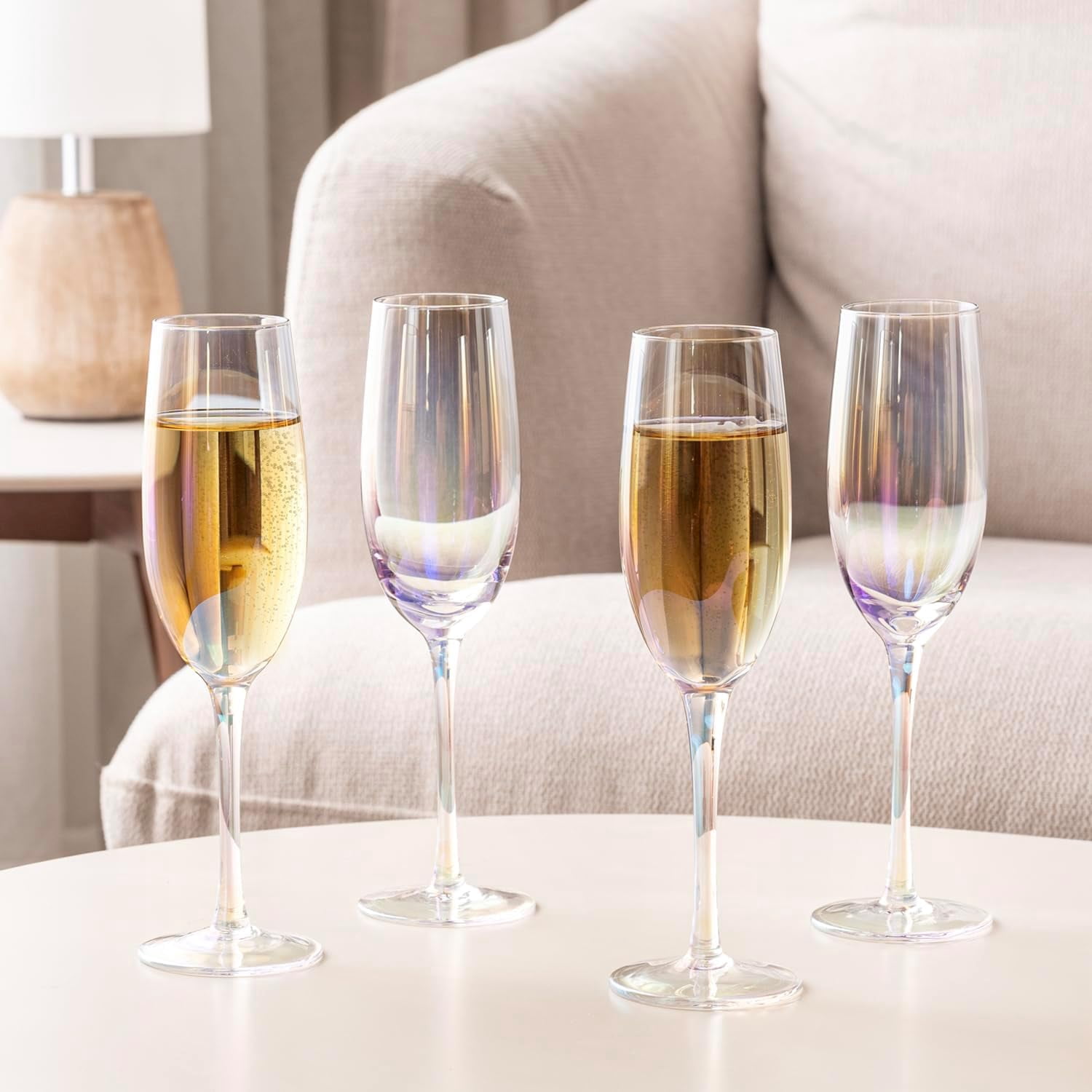 MyGift Set of 4 Iridescent Champagne Flute Glasses 7 oz Stemmed Rainbow Tone Toasting Glasses with Angled Rim Elegant Drinkware for Weddings Parties Celebrations Home Bar