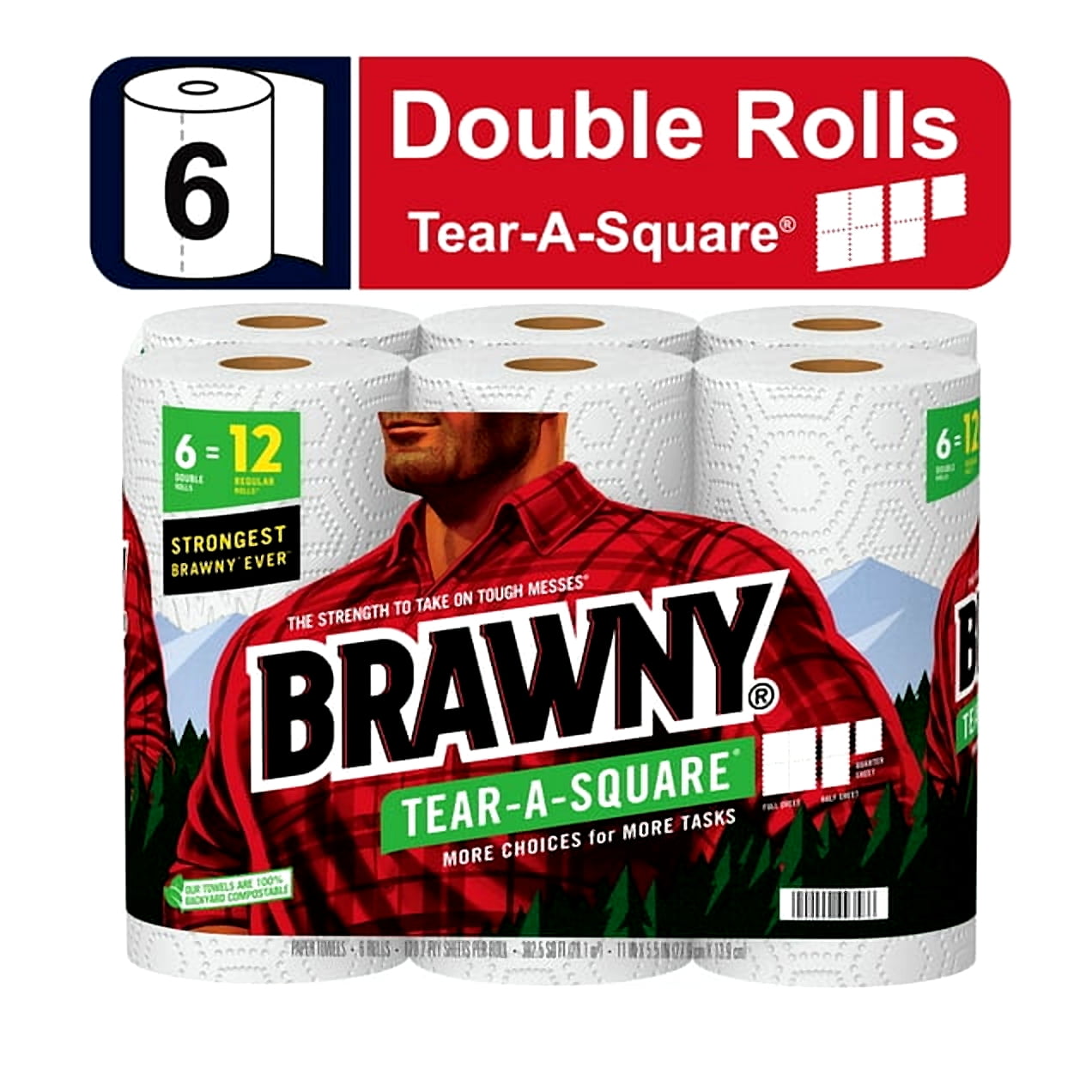 Brawny Tear-A-Square Paper Towels, 12 Rolls