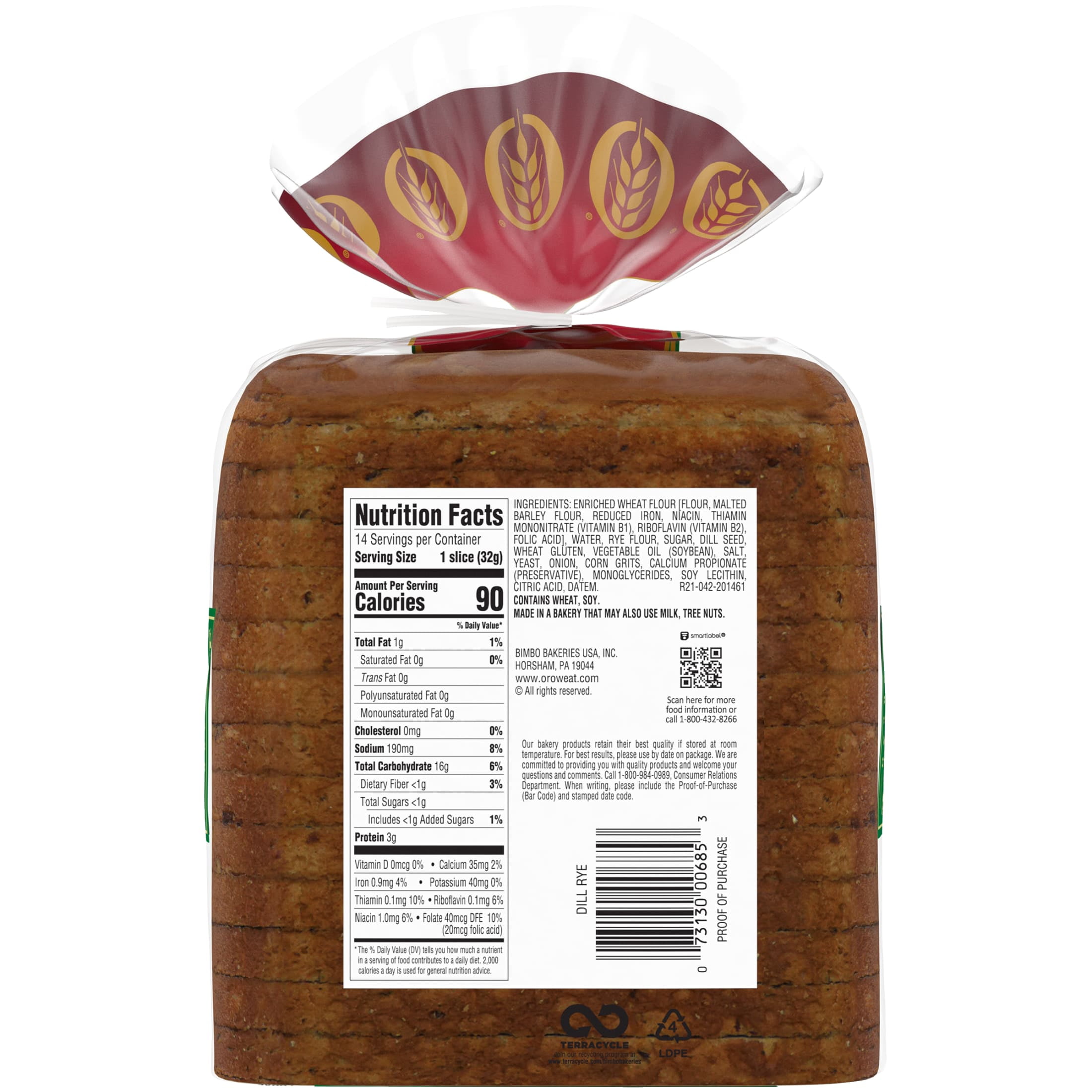 Oroweat Dill Rye Bread, 16 oz, Rye Bread, Bag