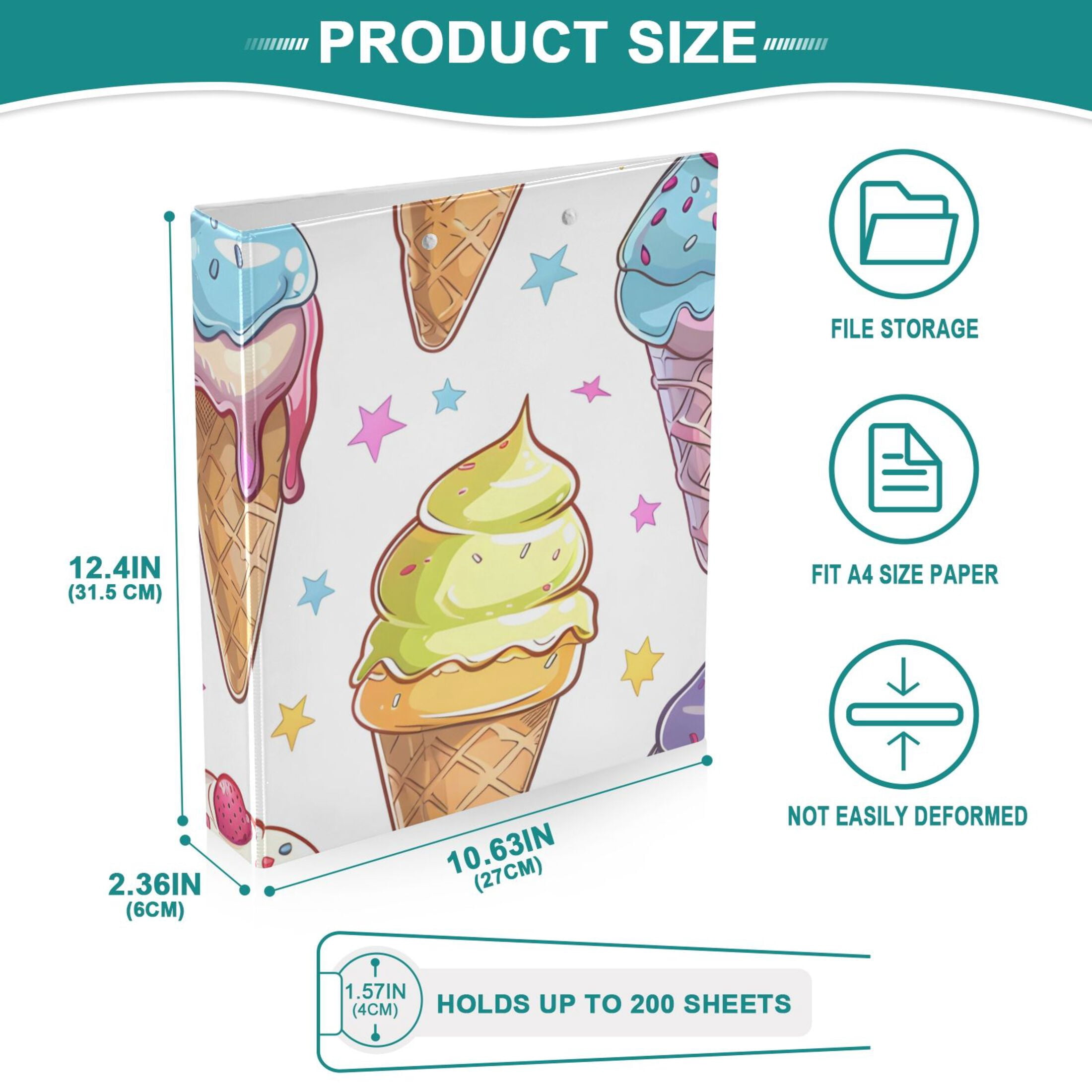 Ice Cream 3 Ring Binders 1.5 inch Hardcover File Folders with Interior Pockets A4 Size Organizer for School Office Hospital