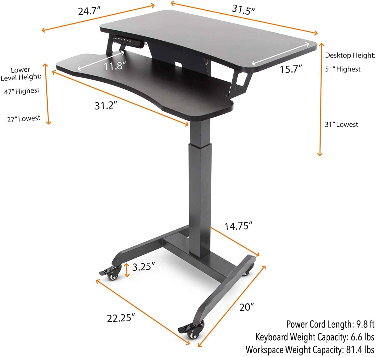 Stand Steady Electric Mobile Podium with Keyboard Tray | Height Adjustable Stand Up Workstation with Locking Wheels | Go from Sitting to Standing with Programmable Control Pad (Black)