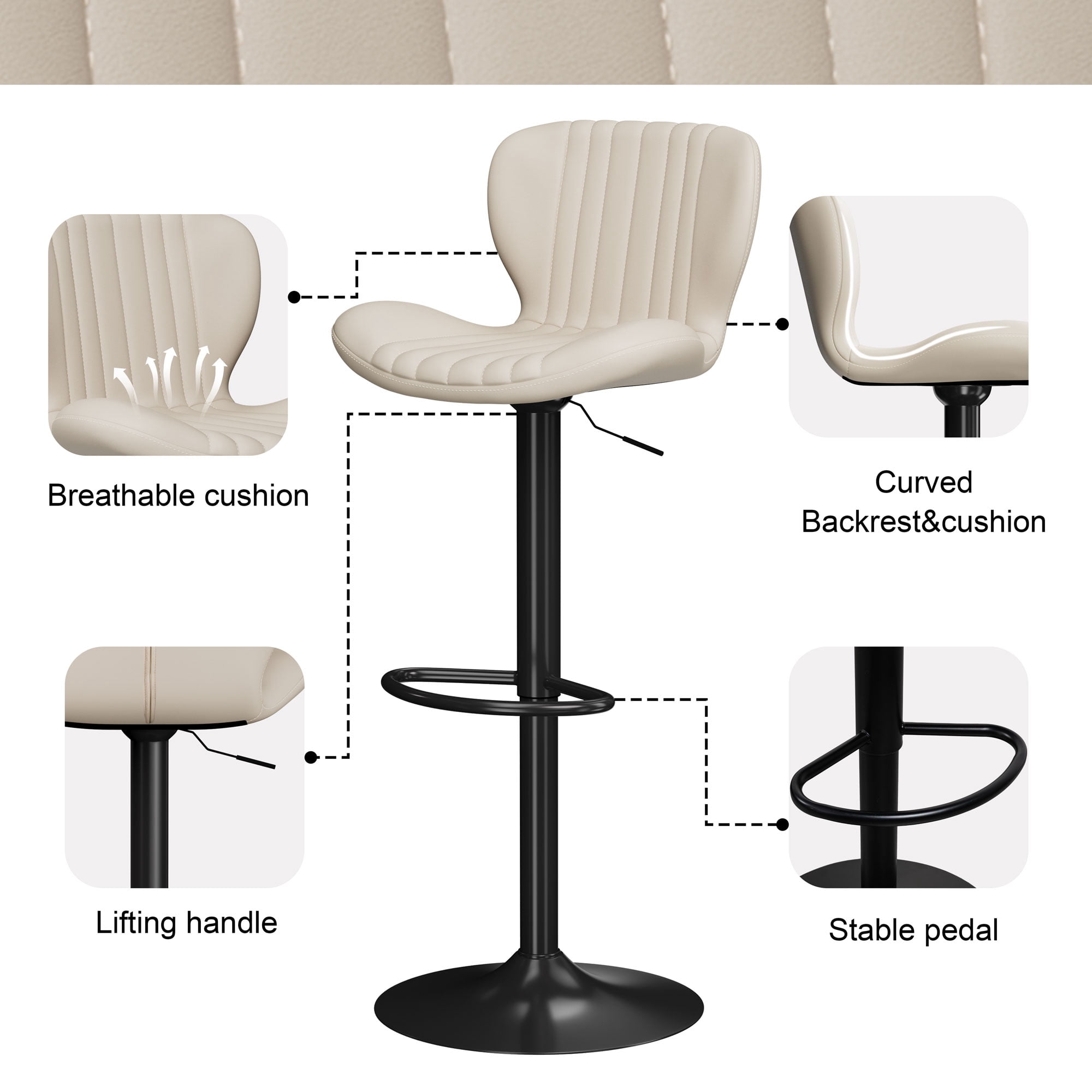 Walsunny Adjustable Bar Stools Set of 2 Leather Upholstered Swivel Counter Stools Counter Height Bar Stools with Large Base, Room Bar, Beige