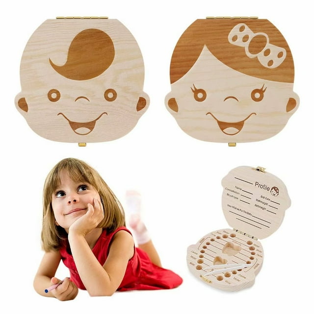 Wooden Kids Keepsake Organizer Gift for Baby Teeth, Cute Children Tooth Container