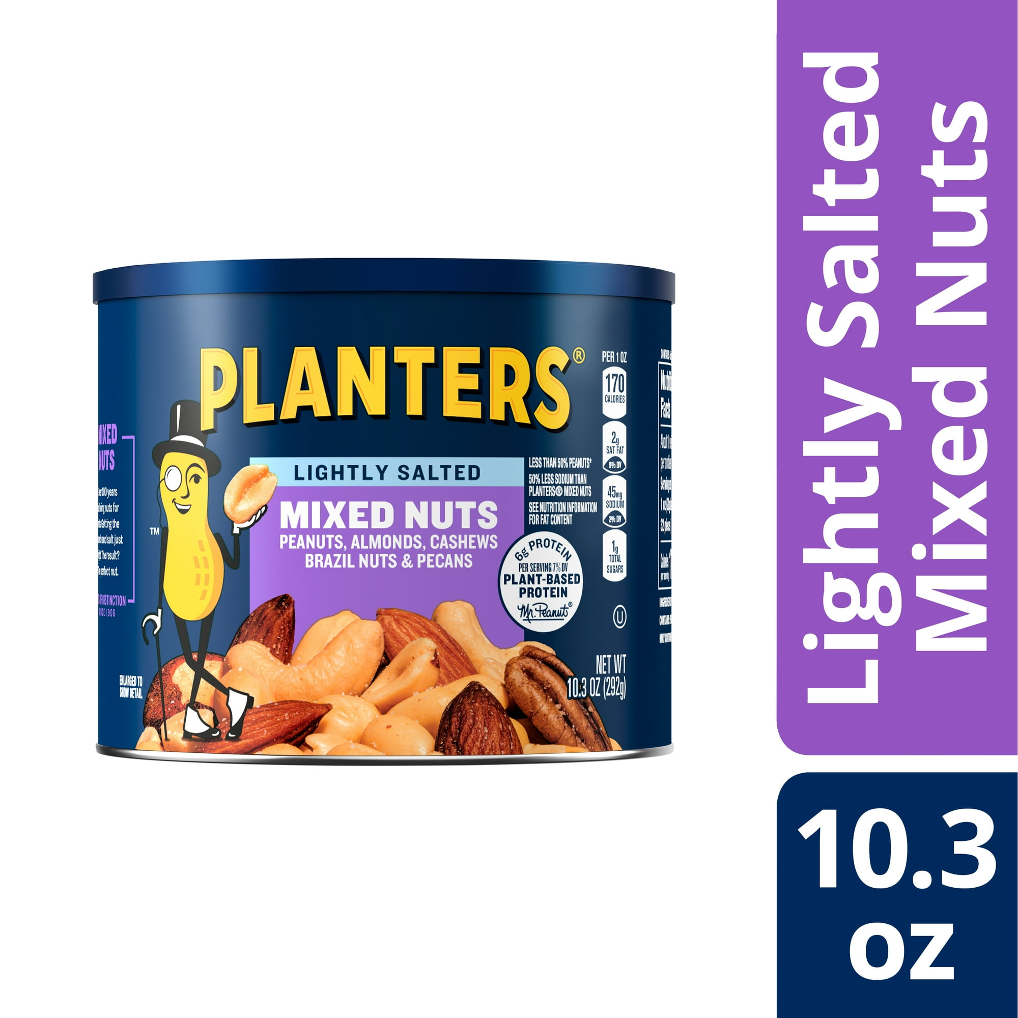 Planters Lightly Salted Mixed Nuts with Peanuts, Almonds, Cashews, Hazelnuts and Pecans, Plant Based Protein, 10.3 oz Canister