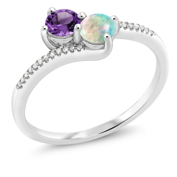 Gem Stone King 10K White Gold 2-Stone Purple Amethyst and White Simulated Opal and Diamond Engagement Ring for Women | 0.66 Cttw | Wedding Engagement Anniversary Promise Ring for Women | Size 8