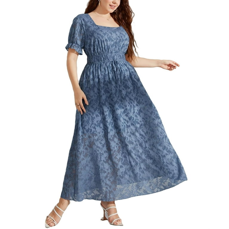 Dusty Blue Casual Plain Square Neck A Line Short Sleeve Plus Size Dresses Women s Plus