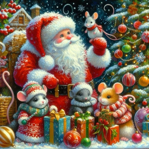 Christmas Diamond Painting Kit (For Adults) — "Santa Claus and the Little Mouse" Theme 5D Round Drill Art Kit (Suitable for Adult Beginners), DIY Craft, Home Wall Decor, 14 x 14 Inches (Unframed).