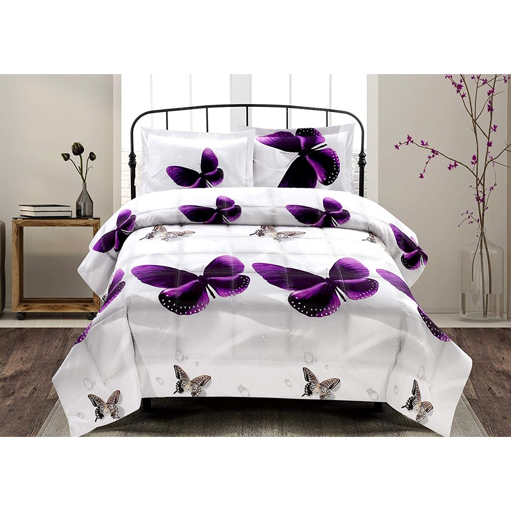 3 Piece Box Stitched 3d Purple Butterfly Clearance Bedding Comforter