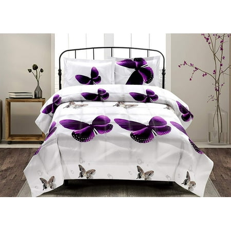 3 Piece Box Stitched 3d Purple Butterfly Clearance Bedding Comforter Set Fade Resistant, Wrinkle Free, No Ironing Necessary, Super Soft, All Size (King, Queen,