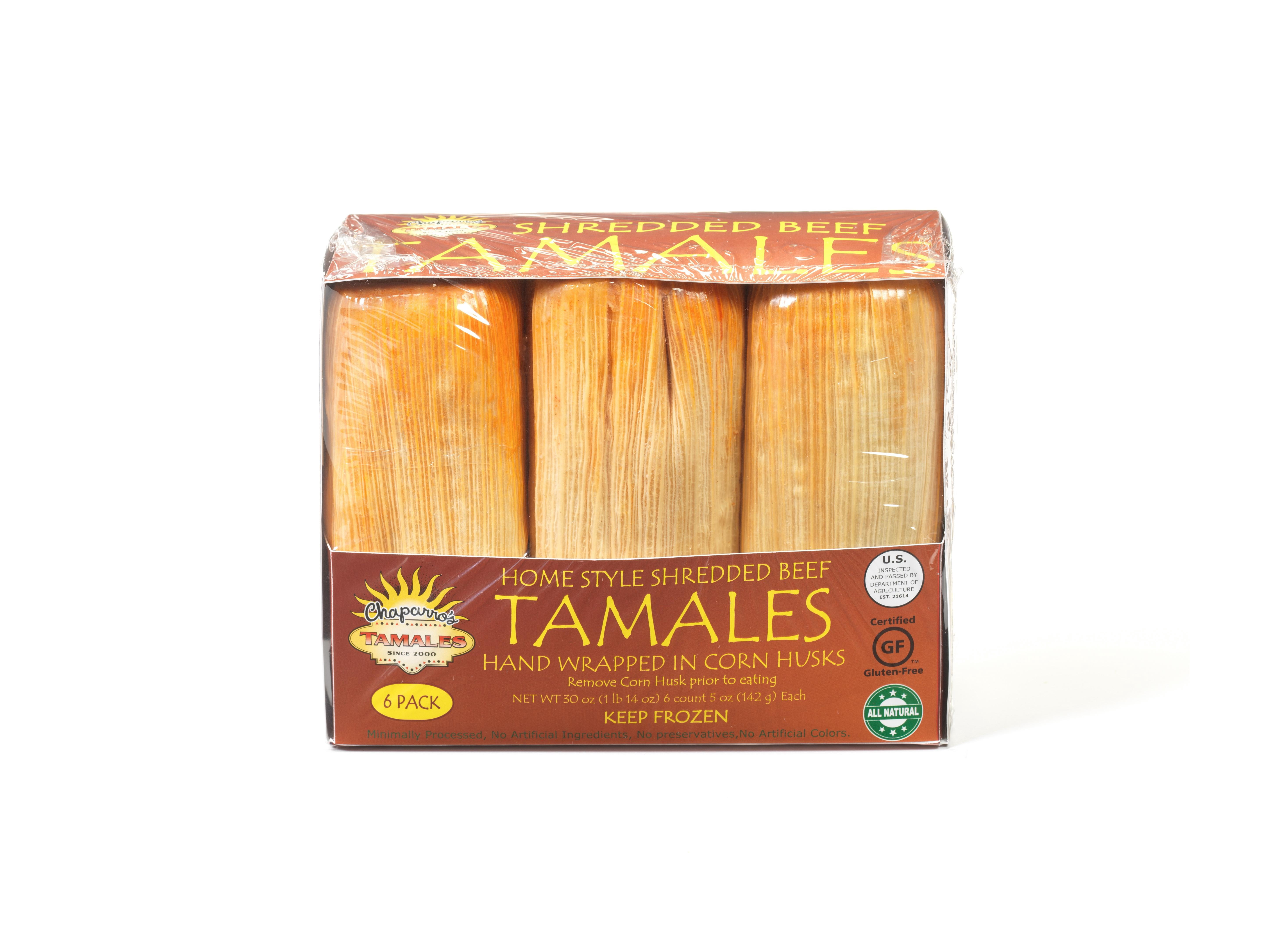 Chaparros Tamales, Shredded Beef Red Chili, Frozen, 6 pack, 30 oz Box, Tamales ,Gluten Free, All Natural