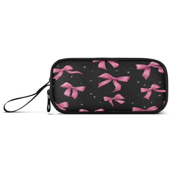 Pink Watercolor Bows Stars Black Background Pencil Case Stationary Holder Pen Bag Pencil Pouch Tool Organizer 3 Compartments