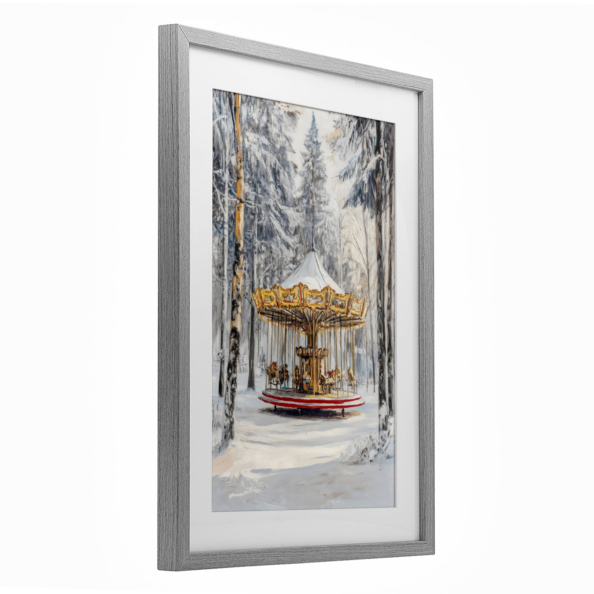 Winter Wonderland Carousel Gray Framed Print Under Glass, design by Petal Prints Design