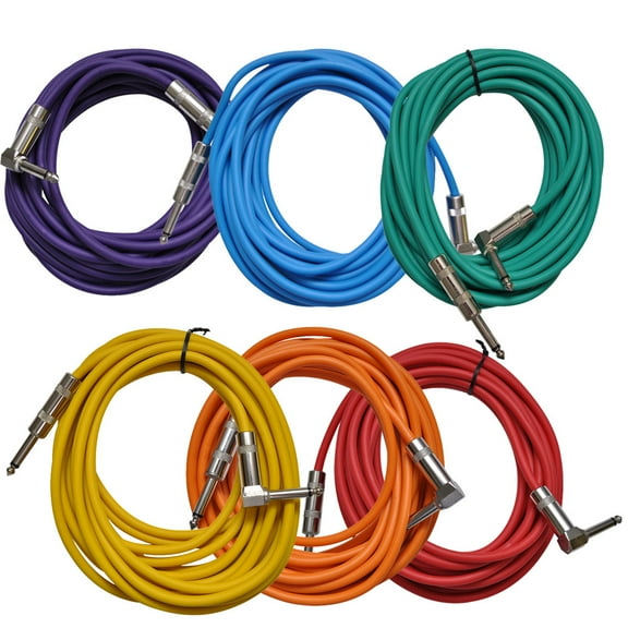 Seismic Audio 6 Pack of Colored 20 Foot Right Angle to Straight Guitar Instrument Cables Multi-Colors - SAGC20R-BRPGYO