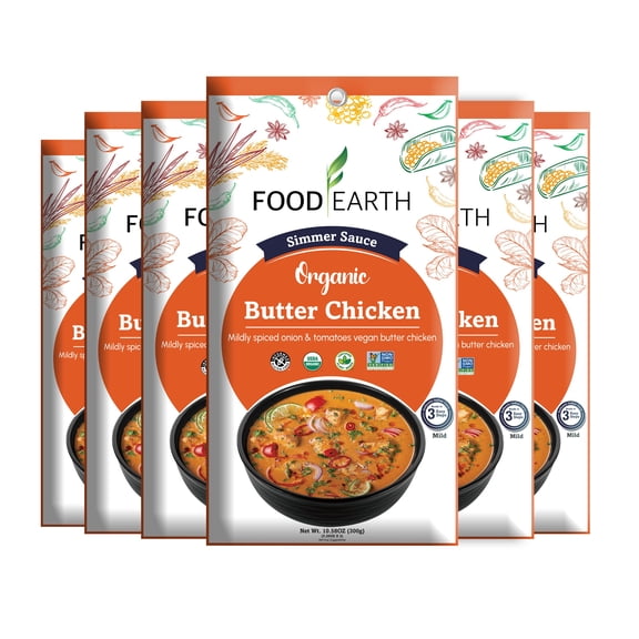 Food Earth - Organic Butter Chicken Simmer Sauce, 100% Organic, Vegan, Gluten-Free, Heat & Serve, Curry or Marinade Base, 12-Pack (5.29 oz Each) – Shelf-Stable Indian Cooking Sauce