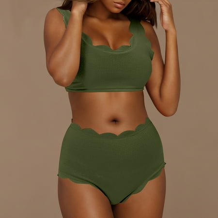 Aobny Vintage Women s Swimsuit Sets Lace Green Padded Swimwear Sets Bralette Briefs Crew Neck Bikinis Stretch Tops XXL