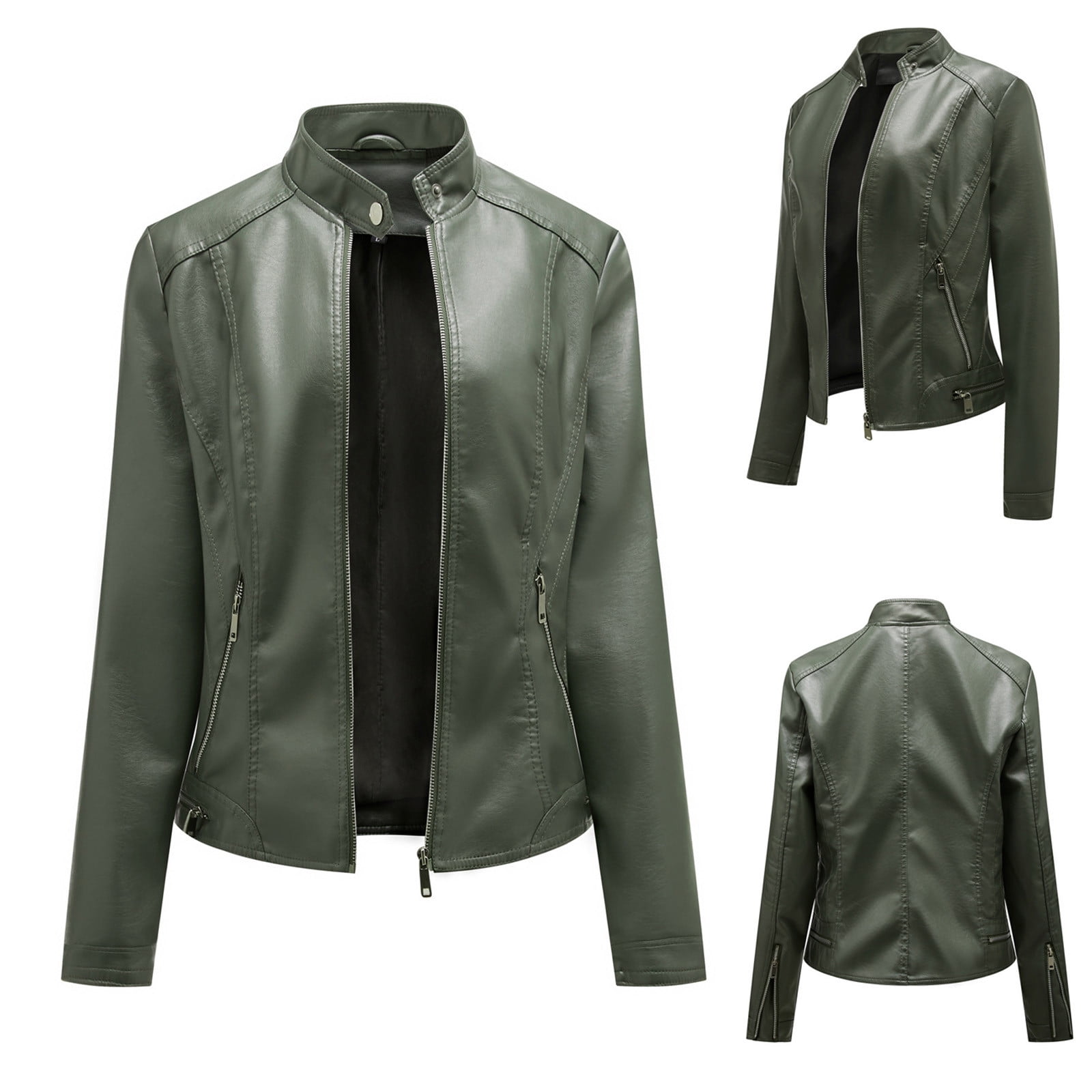 QATAINLAV Women's Fashion Faux Leather Motorcycle Jackets Casual Zipper Long Sleeve Short Coat Streetwear, Army Green, XXL
